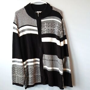 CJ Banks Cotton Monochrome Zip Up Cardigan Womens 2X Eclectic Granny Old Money